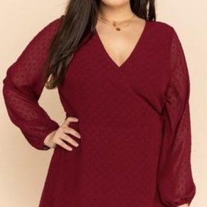 Burgundy Polka Dot Double Layer Wrap Dress